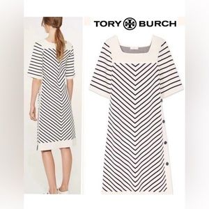 Tory Burch Anya Dress Navy Blue White Stripe Buttons Sz Large $425 + tax